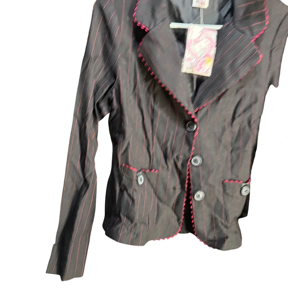 Heart Soul Blazer Womens Large Black Pink Pinstripe Scallop Trim Jacket 7813VH04